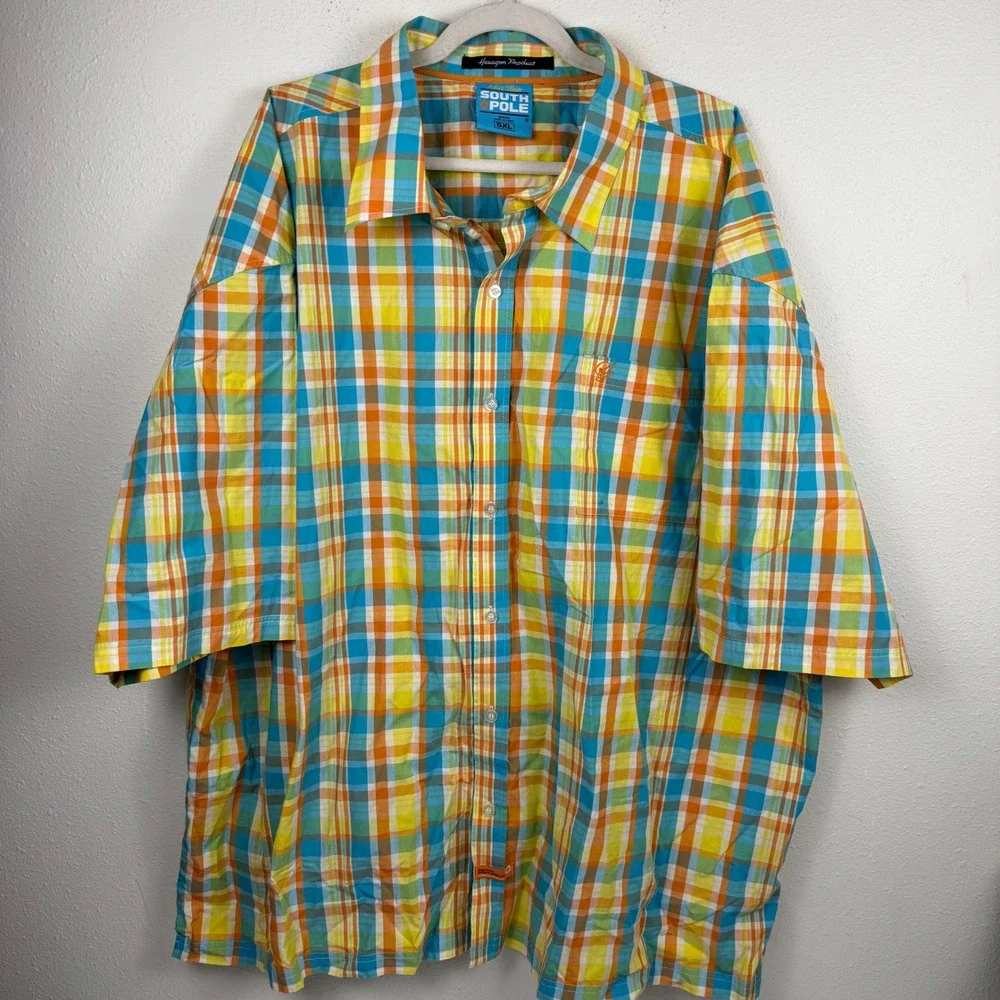 Southpole Mens 5XL Short Sleeve Button Down Plaid Shirt Multicolor Cotton Y2K